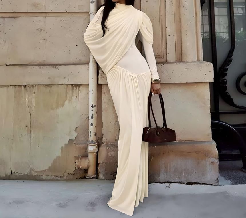 Long-Sleeve Crew Neck Plain Ruched Maxi Sheath Dress