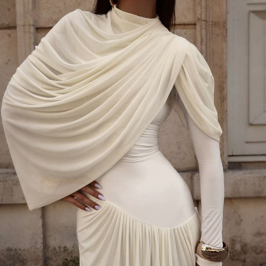 Long-Sleeve Crew Neck Plain Ruched Maxi Sheath Dress