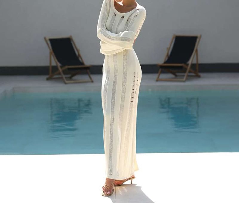 Long-Sleeve Round Neck Plain Open Back Distressed Maxi Sheath Knit Dress
