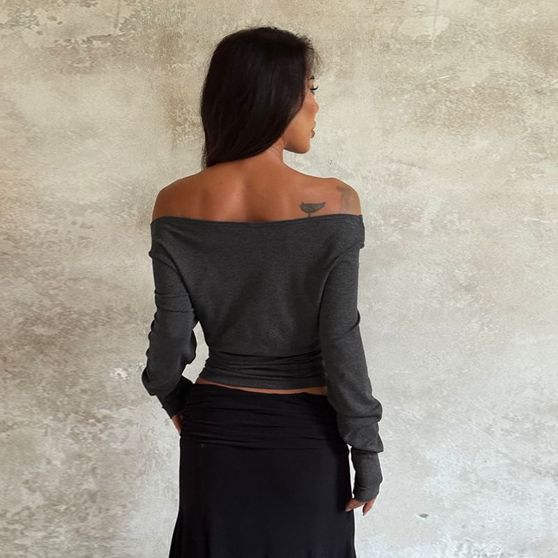 Cropped Off-Shoulder T-Shirt with Long Sleeves, Slim Fit, Solid Color