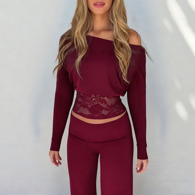 Cropped Lace-Paneled Off-Shoulder Top with Long Sleeves, Slim Fit