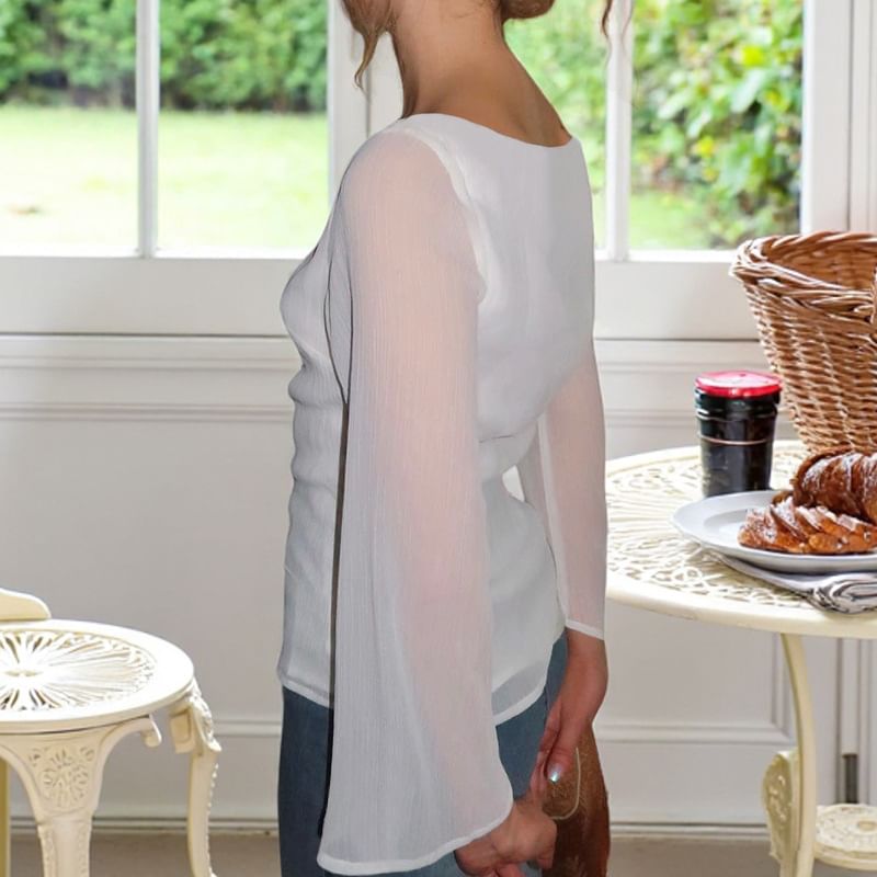 Long-Sleeved Sheer Crop Top with Button Detail, Solid Color