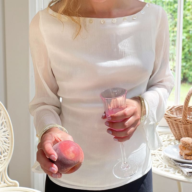 Long-Sleeved Sheer Crop Top with Button Detail, Solid Color