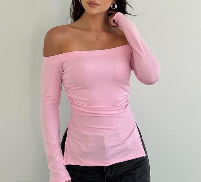 Slim-Fit Long-Sleeved T-Shirt with Off-Shoulder Design and Slit Detail