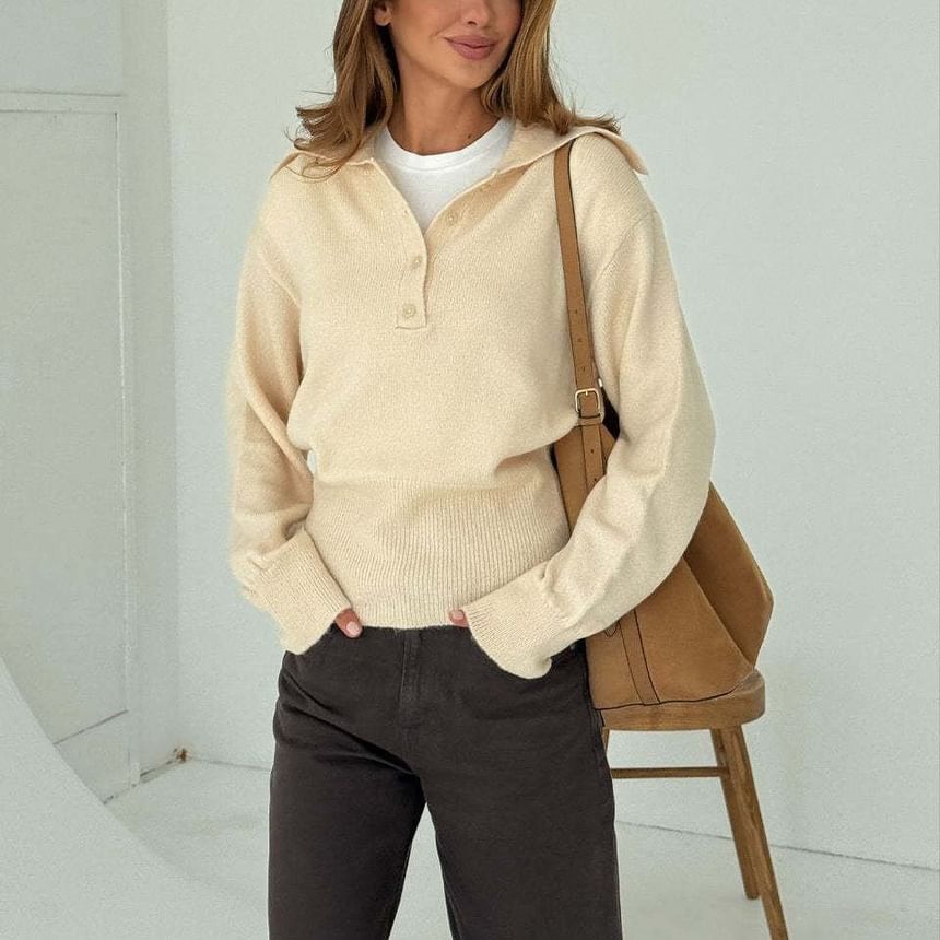 Plain Half Button Loose-Fit Long Sleeve Sweater