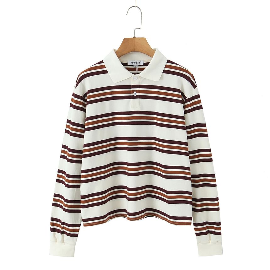 Striped Loose-Fit Long Sleeve Polo Top