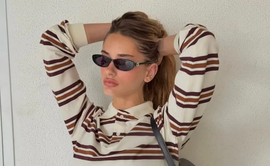Striped Loose-Fit Long Sleeve Polo Top