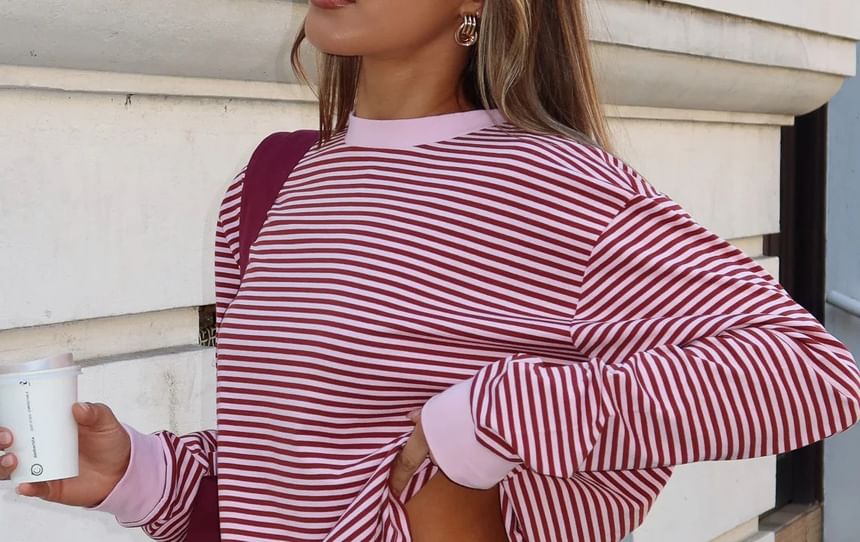 Striped Crew Neck Loose-Fit Long Sleeve T-Shirt