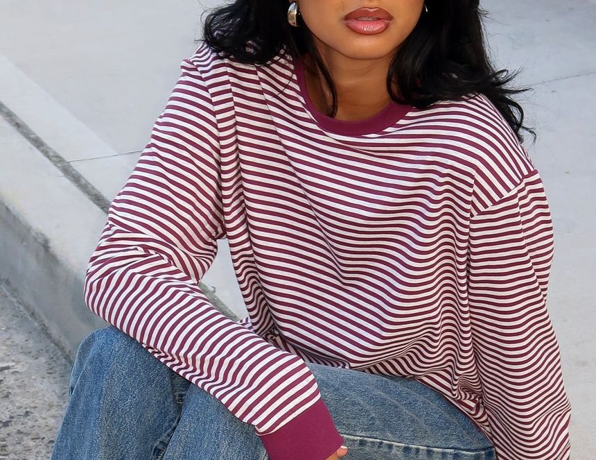 Striped Crew Neck Loose-Fit Long Sleeve T-Shirt
