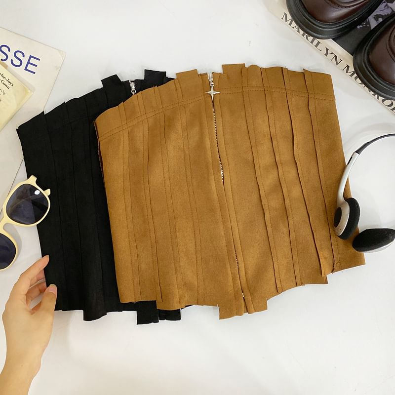 Faux Suede Asymmetrical Zip-Front Cropped Tube Top