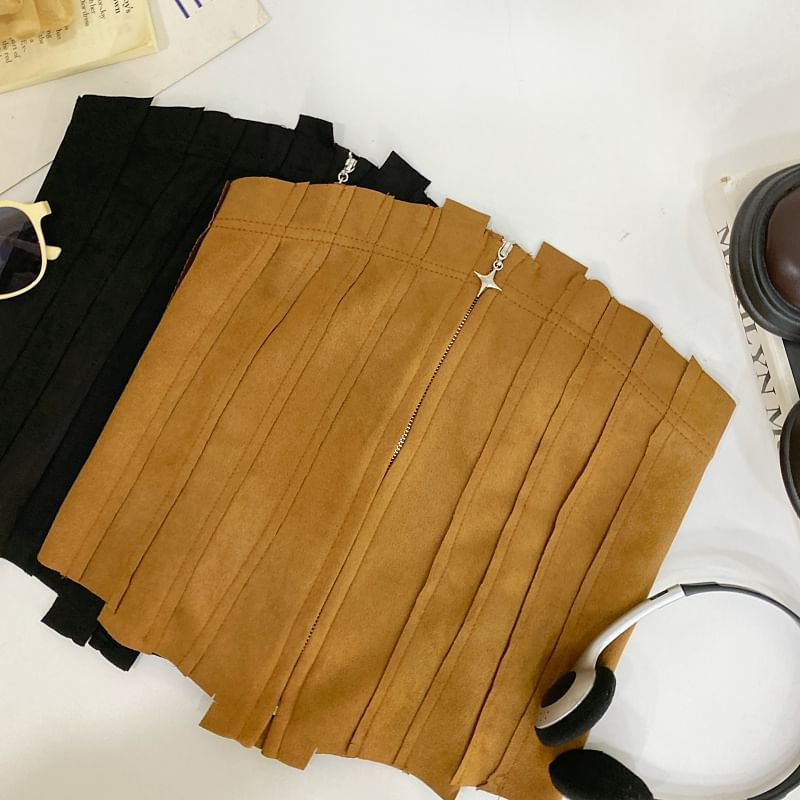 Faux Suede Asymmetrical Zip-Front Cropped Tube Top