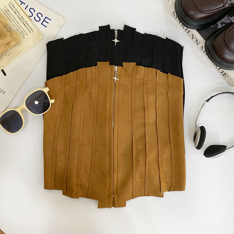 Faux Suede Asymmetrical Zip-Front Cropped Tube Top