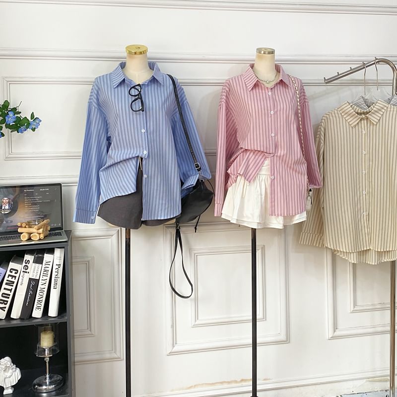 Button-Front Striped Shirt with Long Sleeves