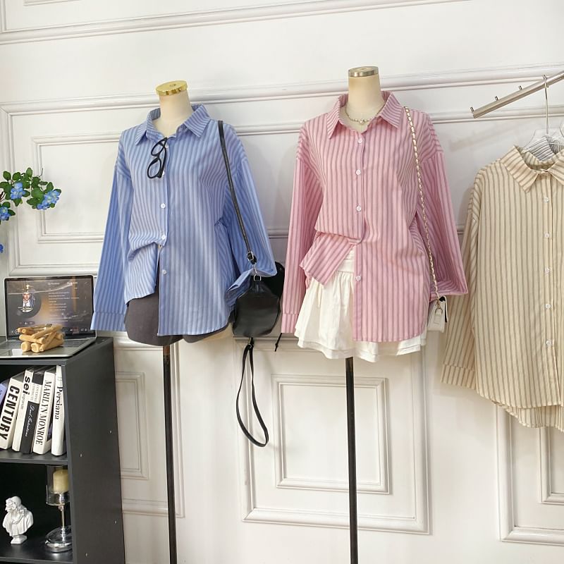 Button-Front Striped Shirt with Long Sleeves