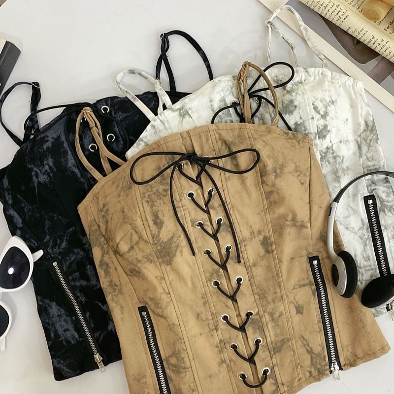Tie Dye Zip Slit Lace-Up Cropped Camisole Top