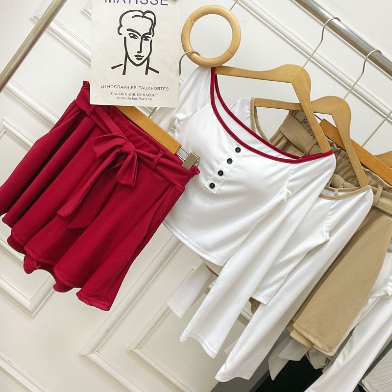 Off-Shoulder Padded Crop Tee & High Waist Wide Leg Shorts Set
