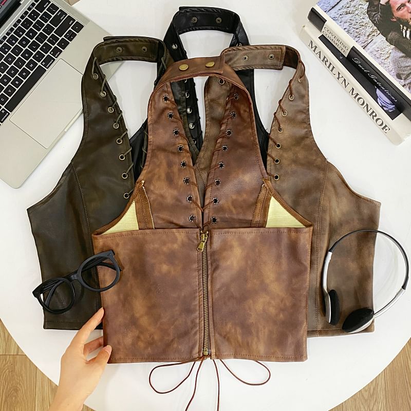 Halter V-Neck Lace-Up Open Back Faux Leather Crop Top