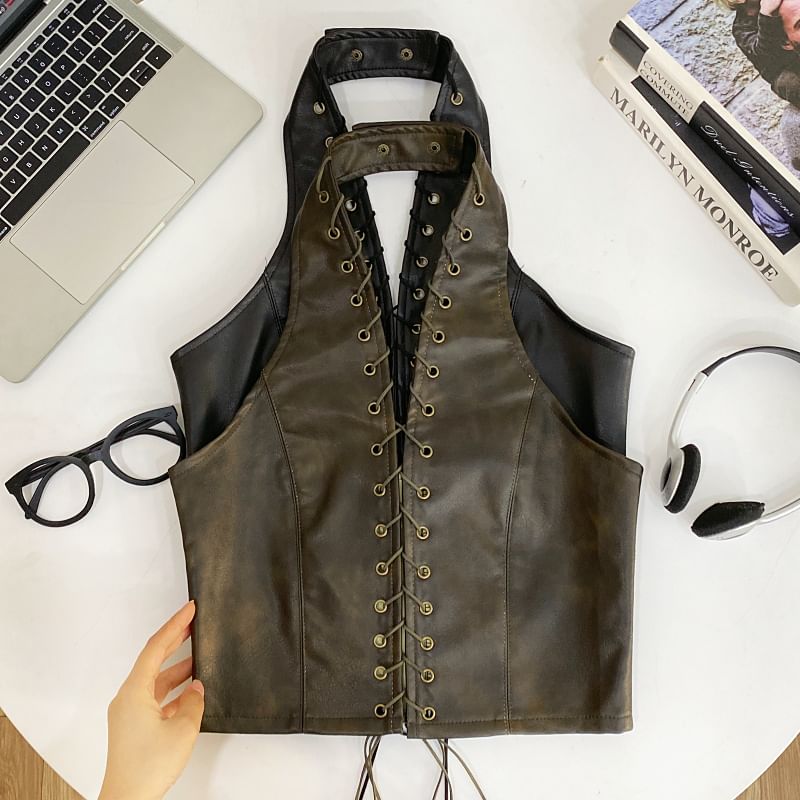 Halter V-Neck Lace-Up Open Back Faux Leather Crop Top
