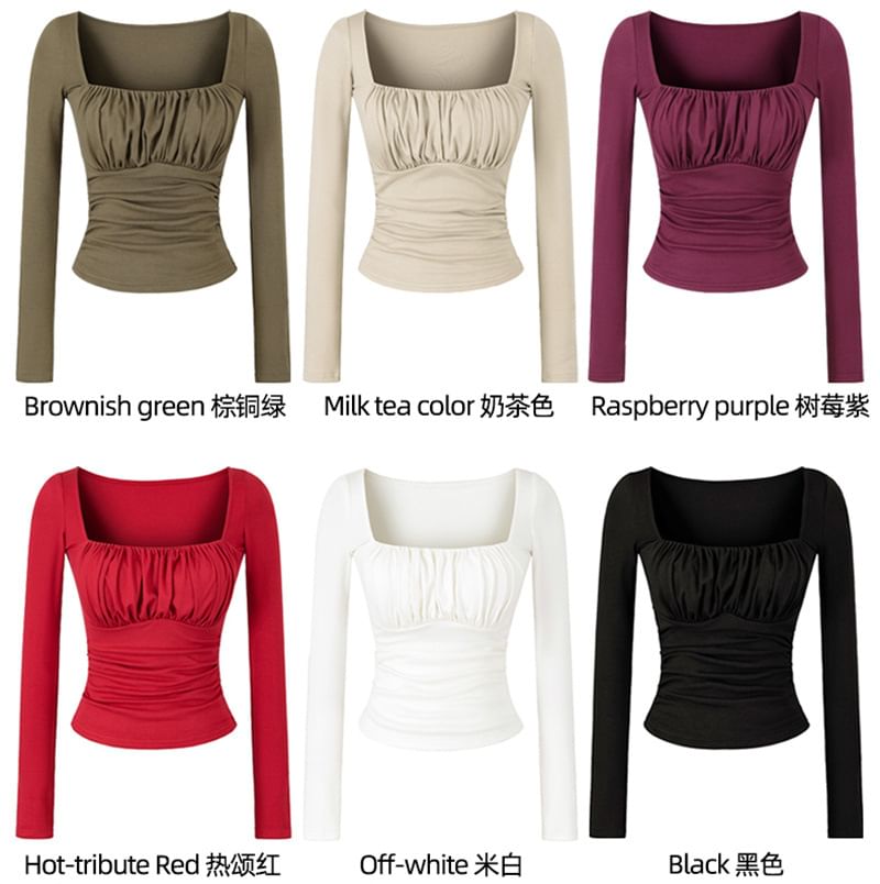 Square Neck Ruched Slim Fit Cropped T-Shirt Long Sleeve