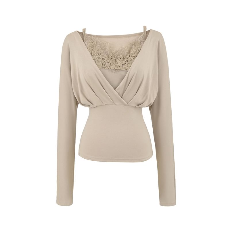 Ruched V-Neck Slim Top & Lace Panel Crop Cami Set Long Sleeve