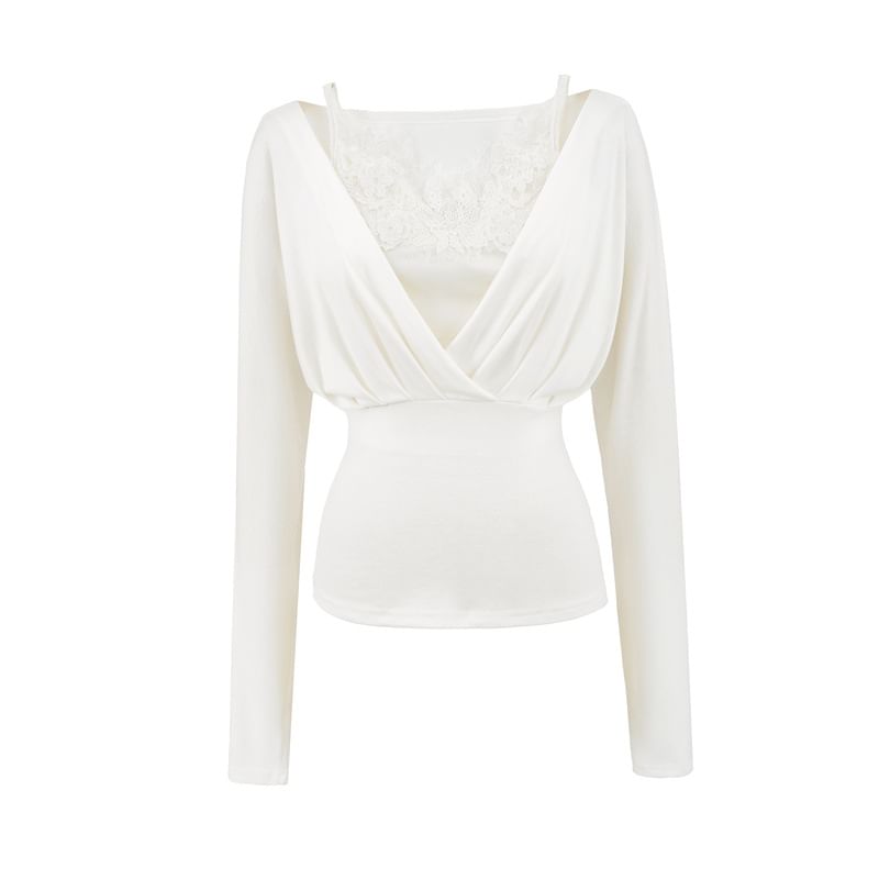 Ruched V-Neck Slim Top & Lace Panel Crop Cami Set Long Sleeve