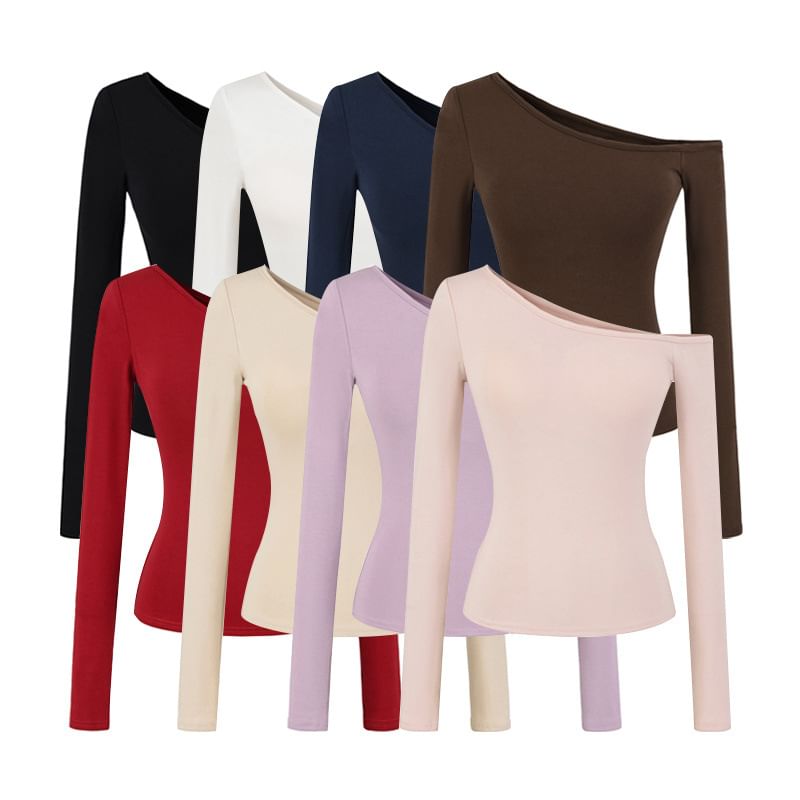 Off-Shoulder Solid Padded T-Shirt with Long Sleeves