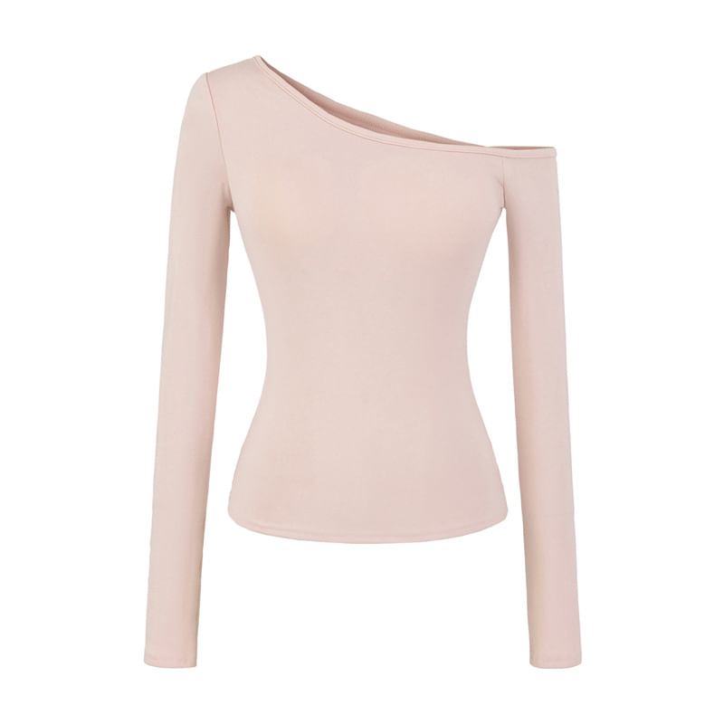 Off-Shoulder Solid Padded T-Shirt with Long Sleeves