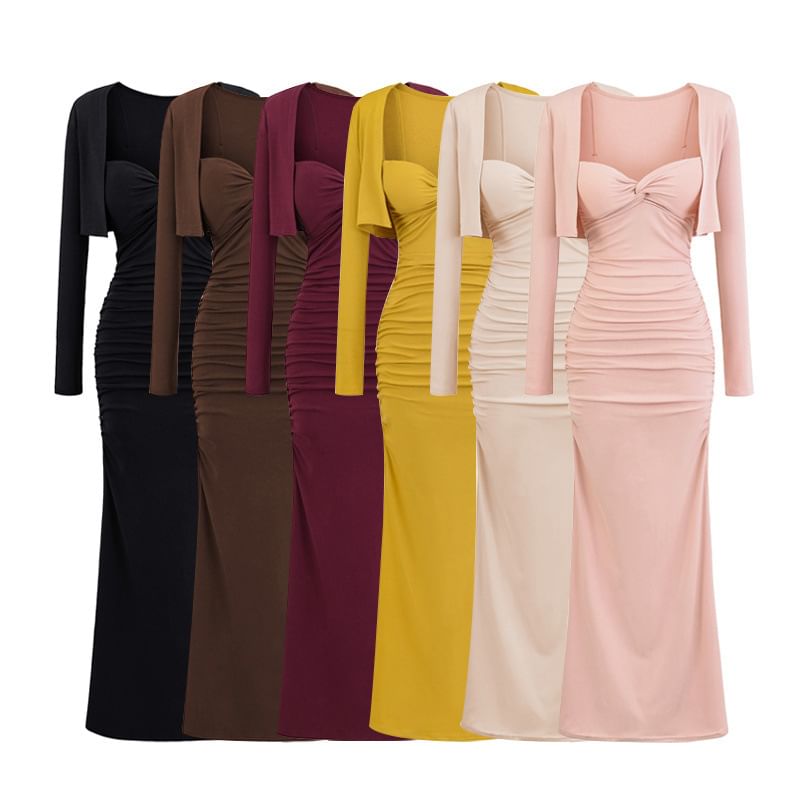 Set: Plain Open Front Crop Cardigan + Spaghetti Strap V-Neck Ruched Maxi Bodycon Dress