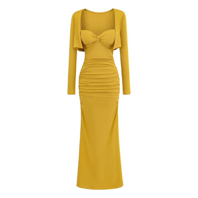 Set: Plain Open Front Crop Cardigan + Spaghetti Strap V-Neck Ruched Maxi Bodycon Dress
