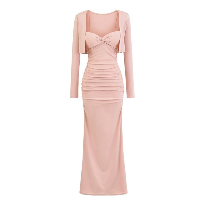 Set: Plain Open Front Crop Cardigan + Spaghetti Strap V-Neck Ruched Maxi Bodycon Dress