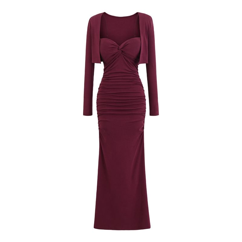 Set: Plain Open Front Crop Cardigan + Spaghetti Strap V-Neck Ruched Maxi Bodycon Dress