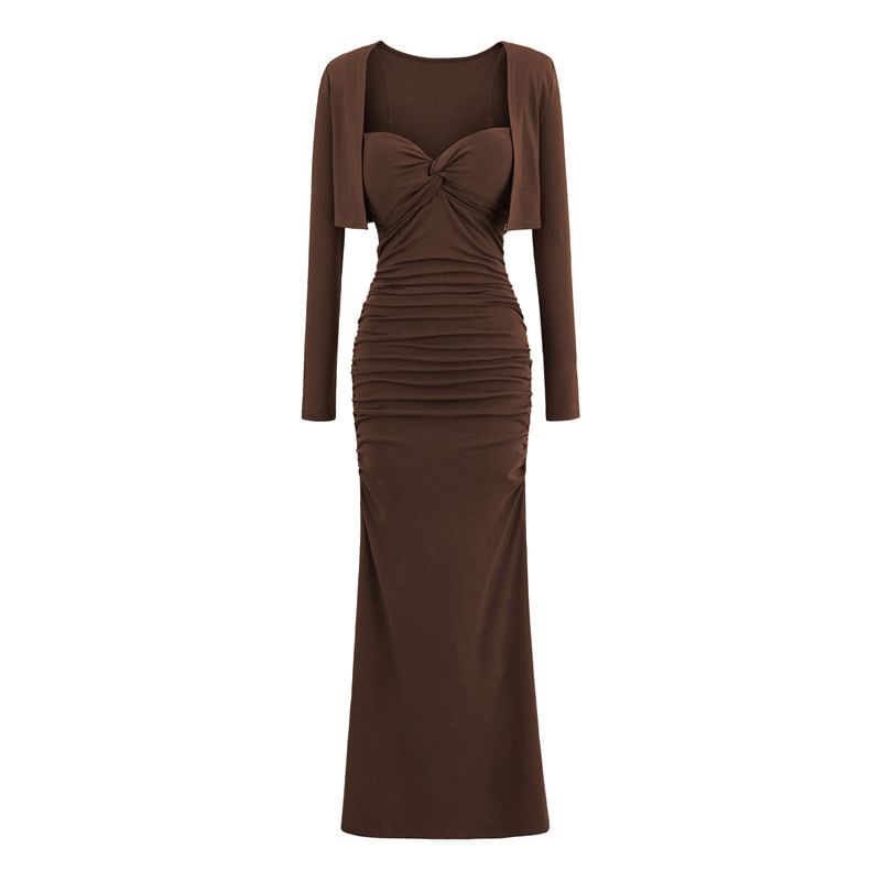 Set: Plain Open Front Crop Cardigan + Spaghetti Strap V-Neck Ruched Maxi Bodycon Dress