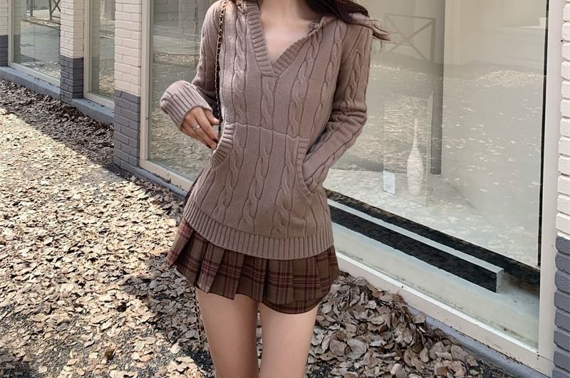 V-Neck Hooded Cable Knit Top and Plaid Pleated Mini Skirt