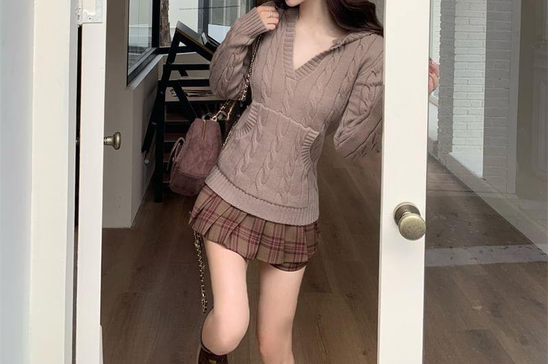 V-Neck Hooded Cable Knit Top and Plaid Pleated Mini Skirt