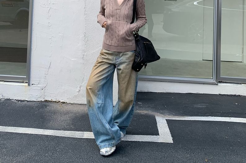 V-Neck Hooded Cable Knit Top and Plaid Pleated Mini Skirt
