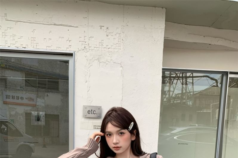 V-Neck Hooded Cable Knit Top and Plaid Pleated Mini Skirt