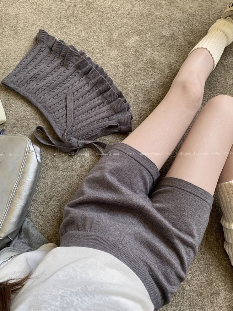Set: Elastic Waist Knit Shorts and Cable Knit Wrap Skirt