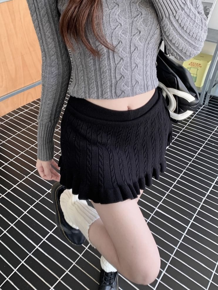 Set: Elastic Waist Knit Shorts and Cable Knit Wrap Skirt