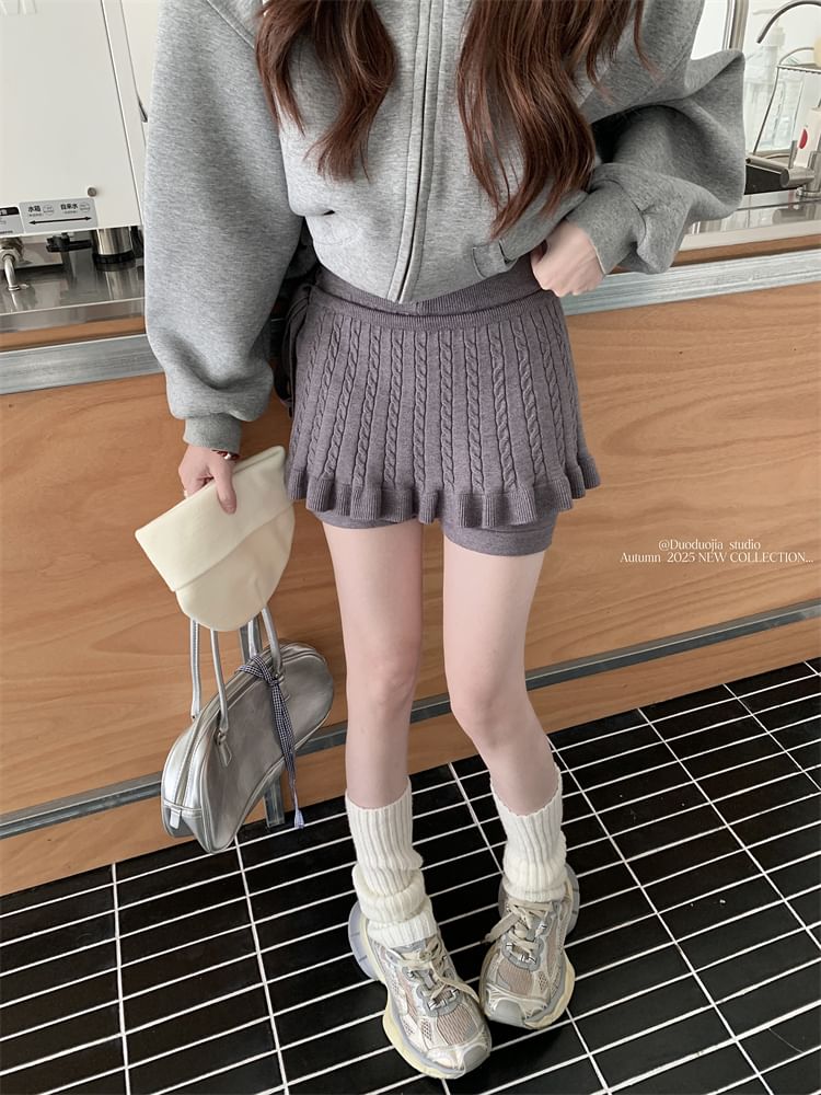 Set: Elastic Waist Knit Shorts and Cable Knit Wrap Skirt
