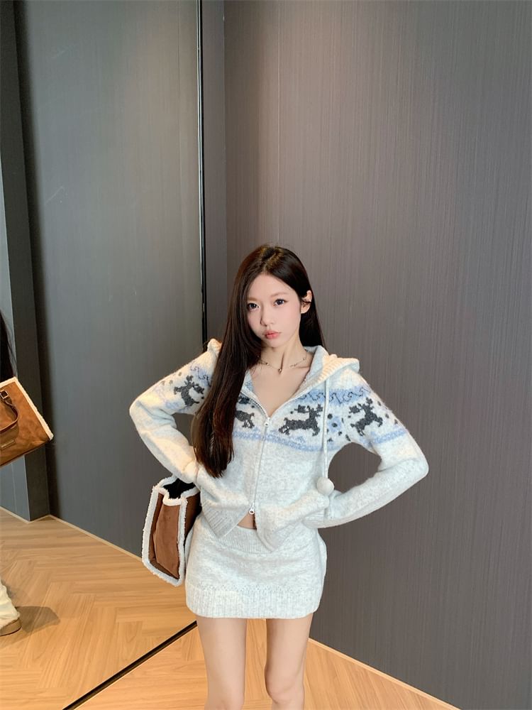 Jacquard Drawstring Hooded Cardigan and Knit Pencil Skirt Set