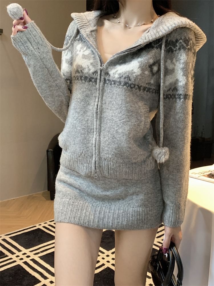 Jacquard Drawstring Hooded Cardigan and Knit Pencil Skirt Set