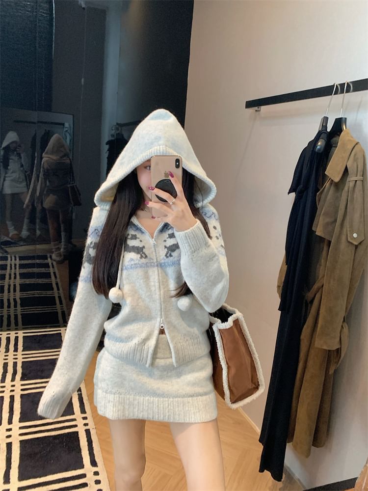 Jacquard Drawstring Hooded Cardigan and Knit Pencil Skirt Set