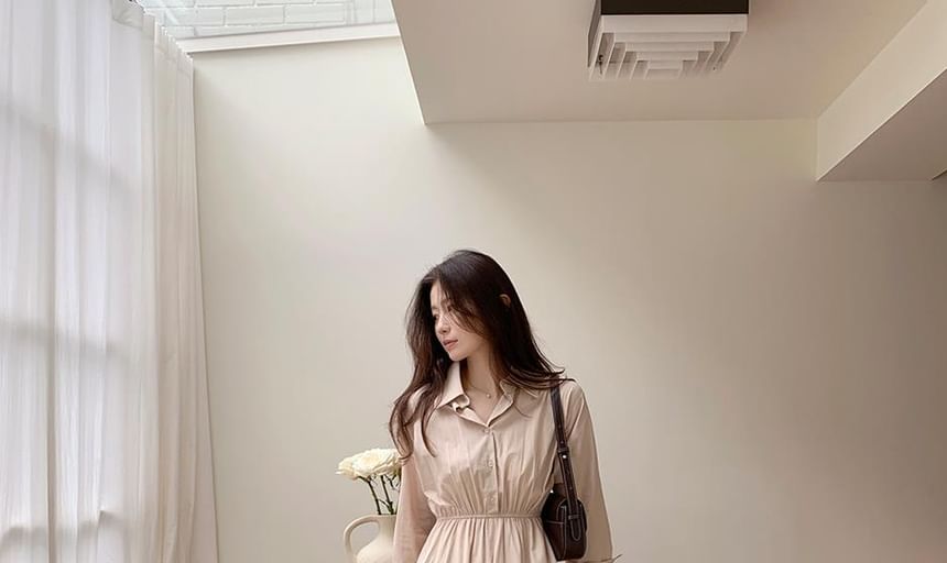 Long Sleeve Collared Plain Gathered Maxi A-Line Shirt Dress