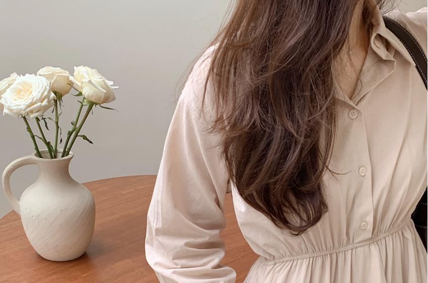 Long Sleeve Collared Plain Gathered Maxi A-Line Shirt Dress