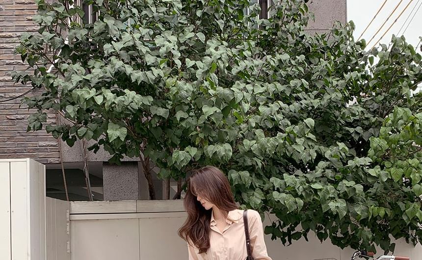Long Sleeve Collared Plain Gathered Maxi A-Line Shirt Dress