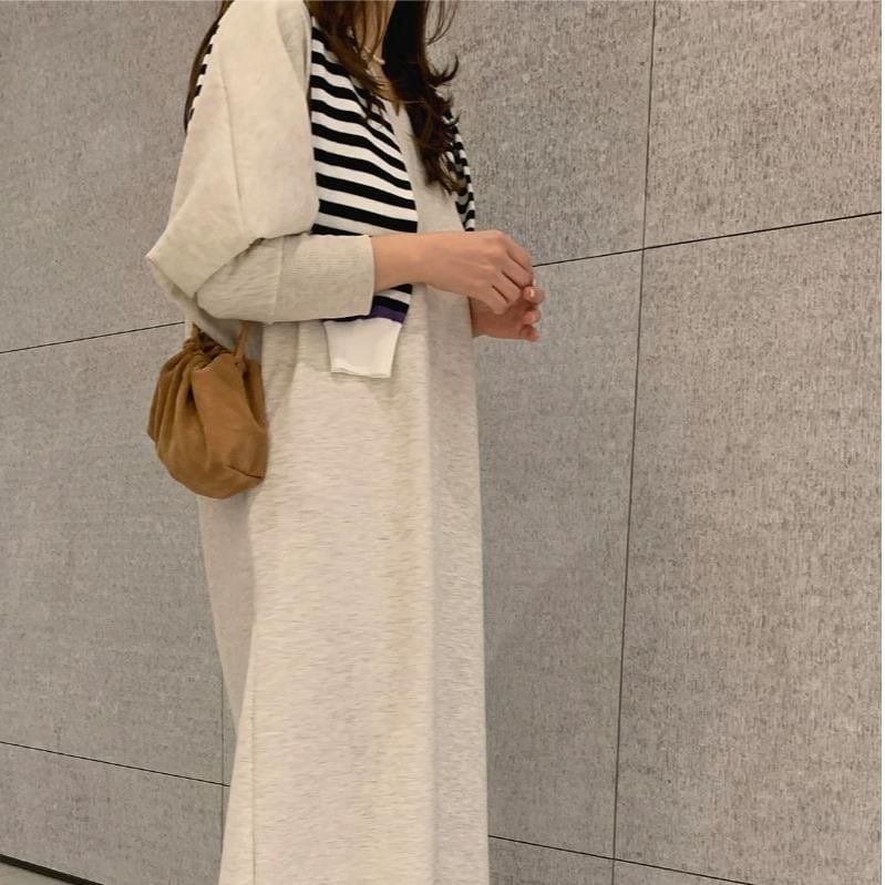 Long Sleeve Plain Slit Maxi Loose Fit Dress