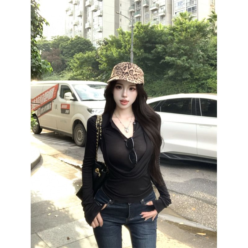 Long-Sleeved Polo Shirt with Paneled Design, Solid Pattern