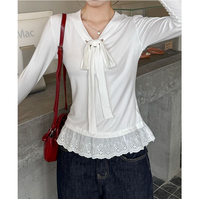 V-Neck Long-Sleeved Tee with Tie-Front and Eyelet Trim