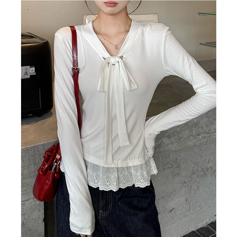 V-Neck Long-Sleeved Tee with Tie-Front and Eyelet Trim