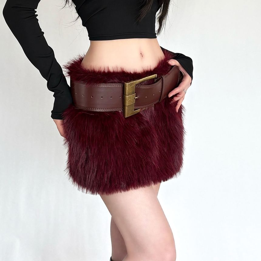 Low Waist Furry Mini Pencil Skirt with Faux Leather Belt